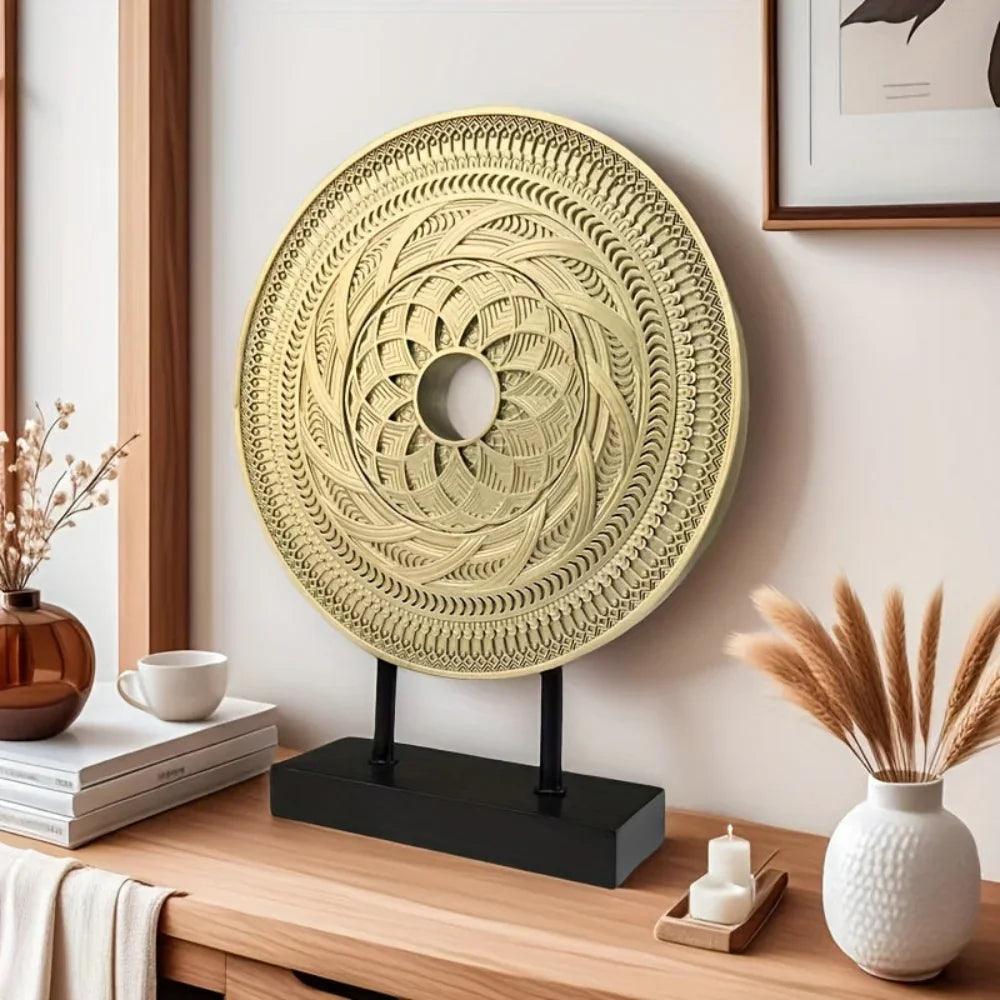 Handcrafted Round Wooden Decorative Disc Sculpture with Stand