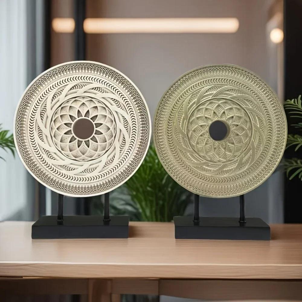 Handcrafted Round Wooden Decorative Disc Sculpture with Stand