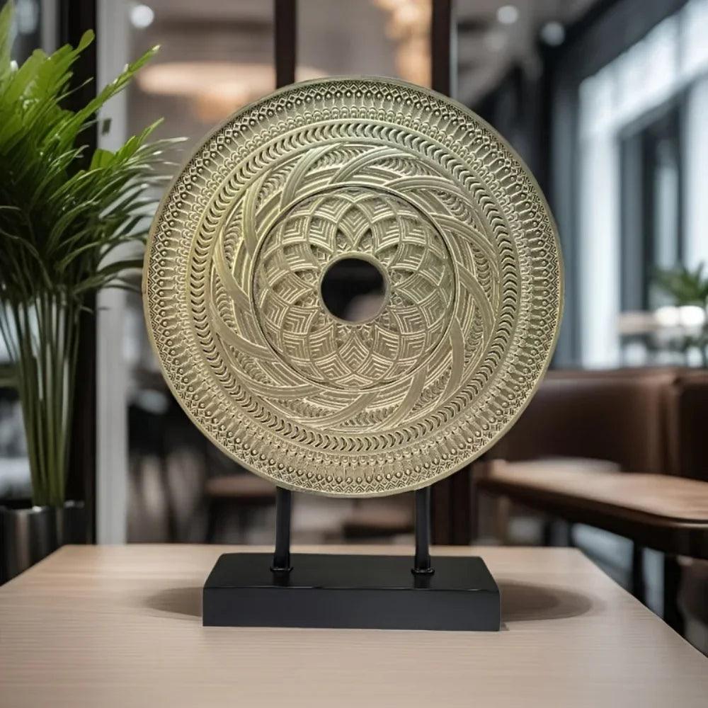 Handcrafted Round Wooden Decorative Disc Sculpture with Stand