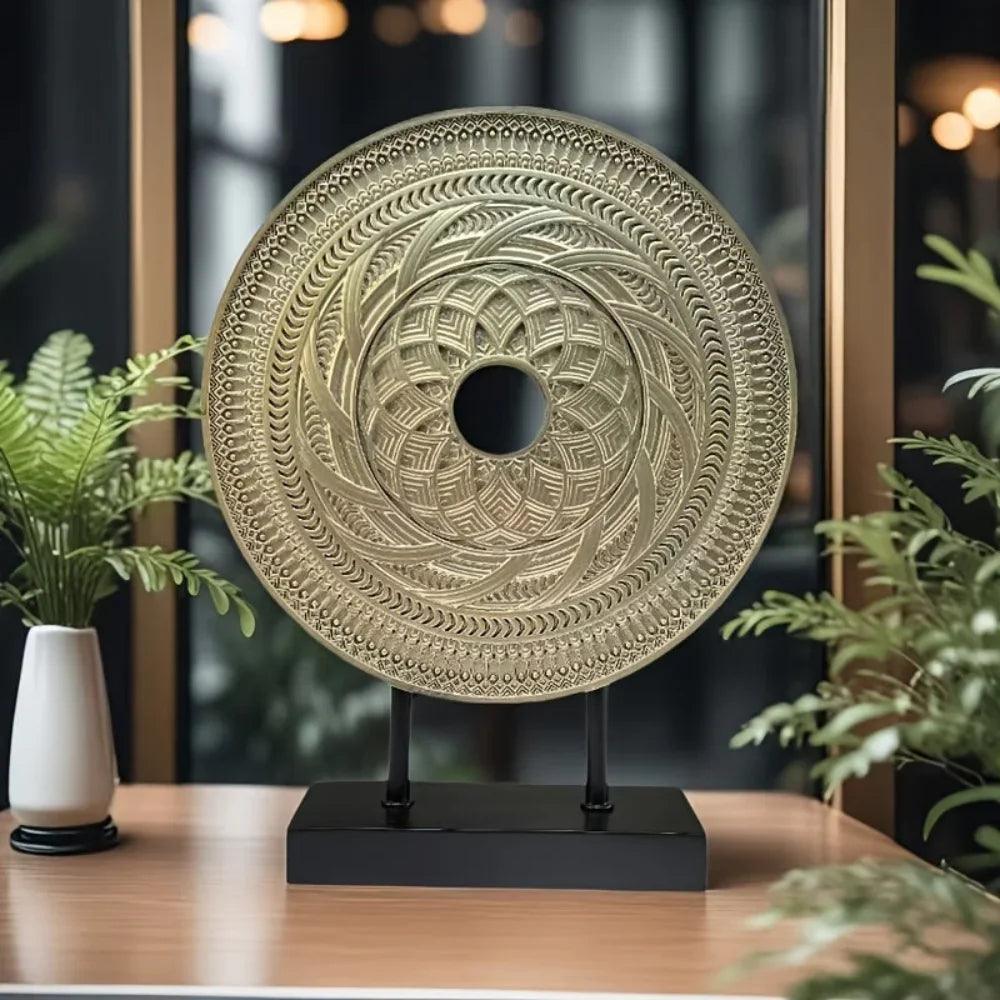 Handcrafted Round Wooden Decorative Disc Sculpture with Stand