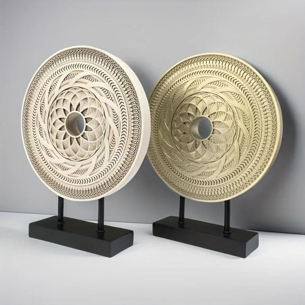 Handcrafted Round Wooden Decorative Disc Sculpture with Stand