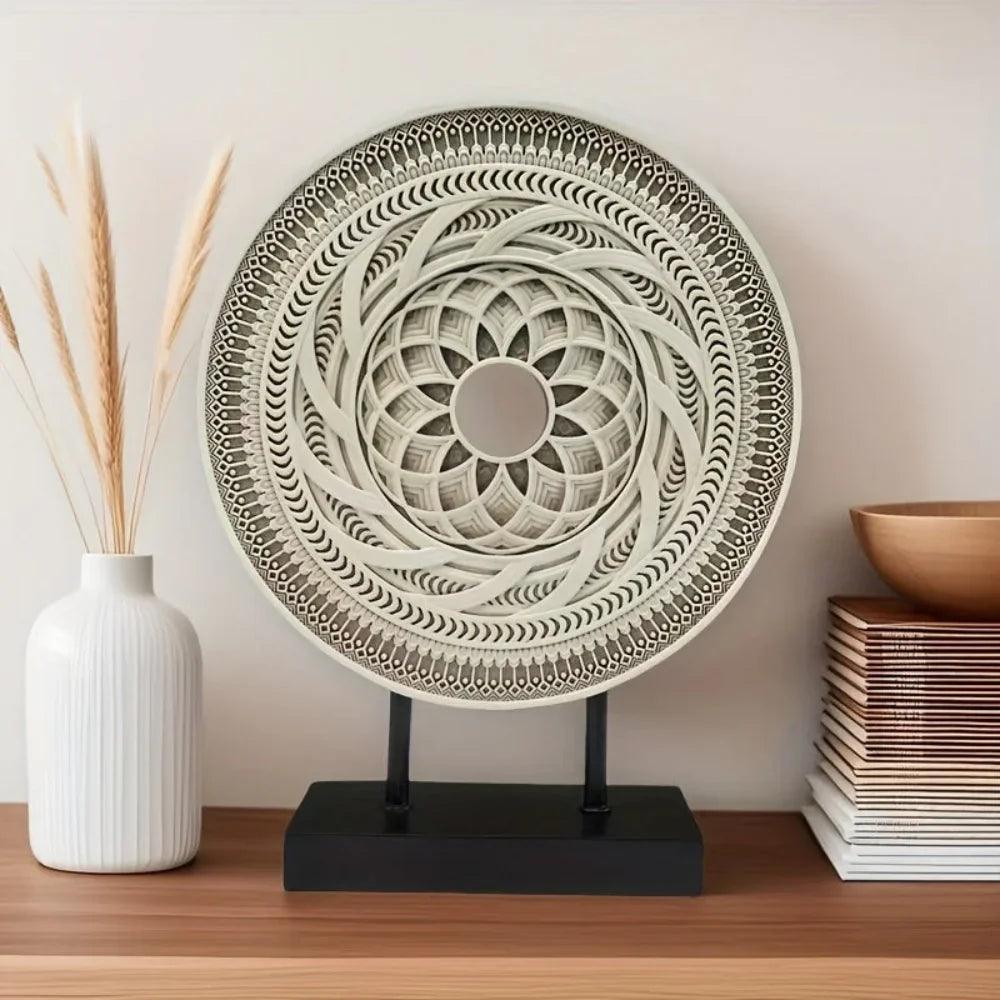 Handcrafted Round Wooden Decorative Disc Sculpture with Stand