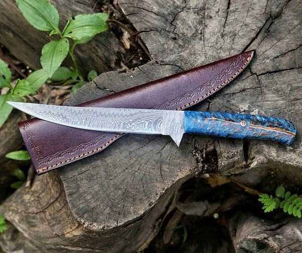Custom Handmade Damascus Fillet Knife – 13” Pine Cone Handle with Leather Sheath