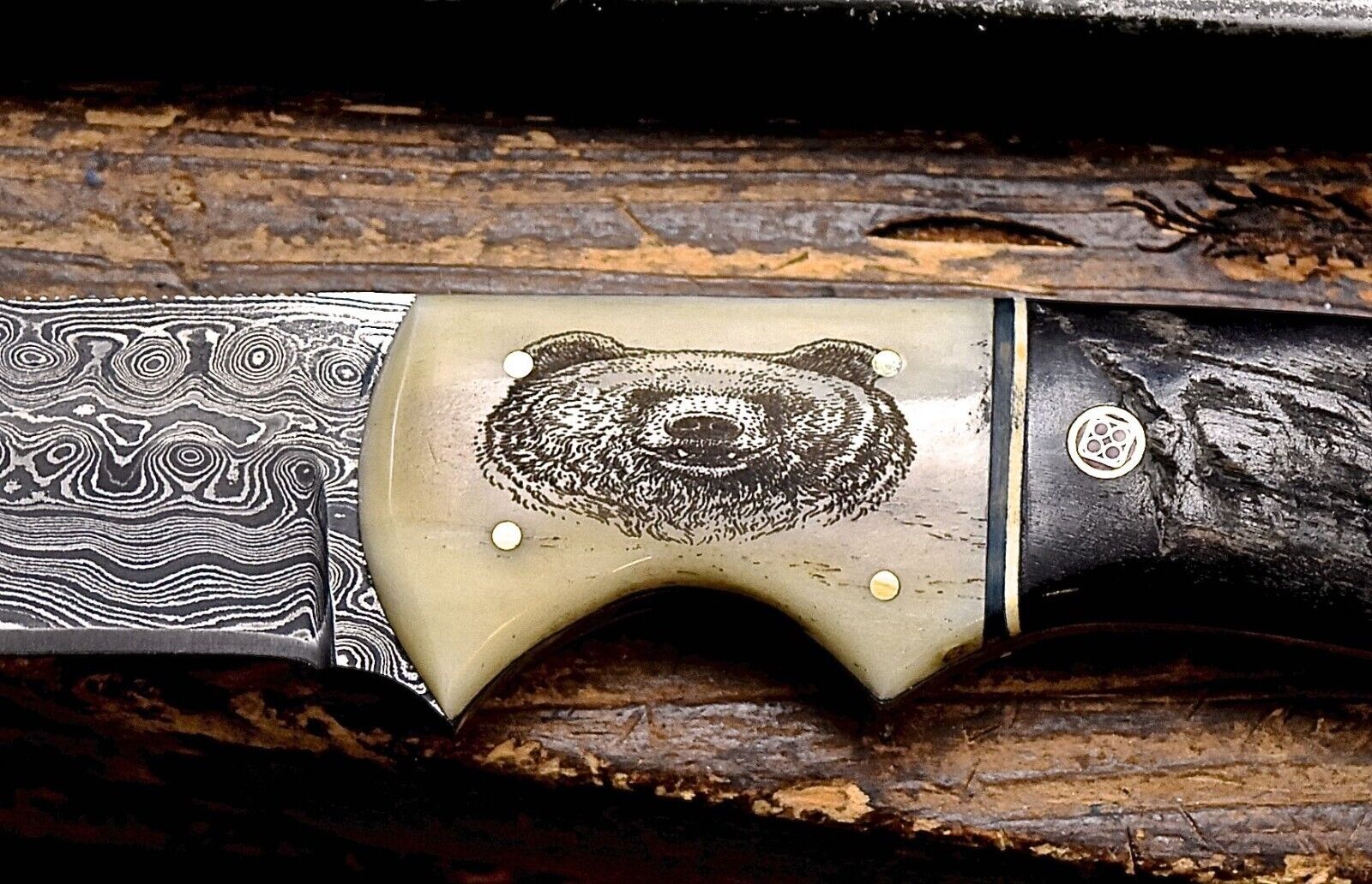 Handmade Damascus Skinning Knife with Camel Bone & Sheep Horn Handle