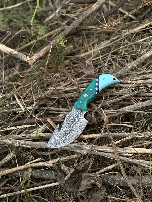 Elite Custom Handmade Damascus Steel Guthook Skinning Knife with Resin Handle - 7.5” Premium Blade with Leather Sheath