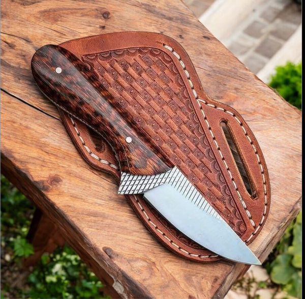 Handcrafted Western Knife – Snake Wood Handle & Leather Sheath | 9