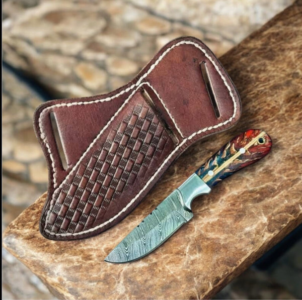 Western Handcrafted Fixed Blade Knife – Damascus Steel with Leather Sheath