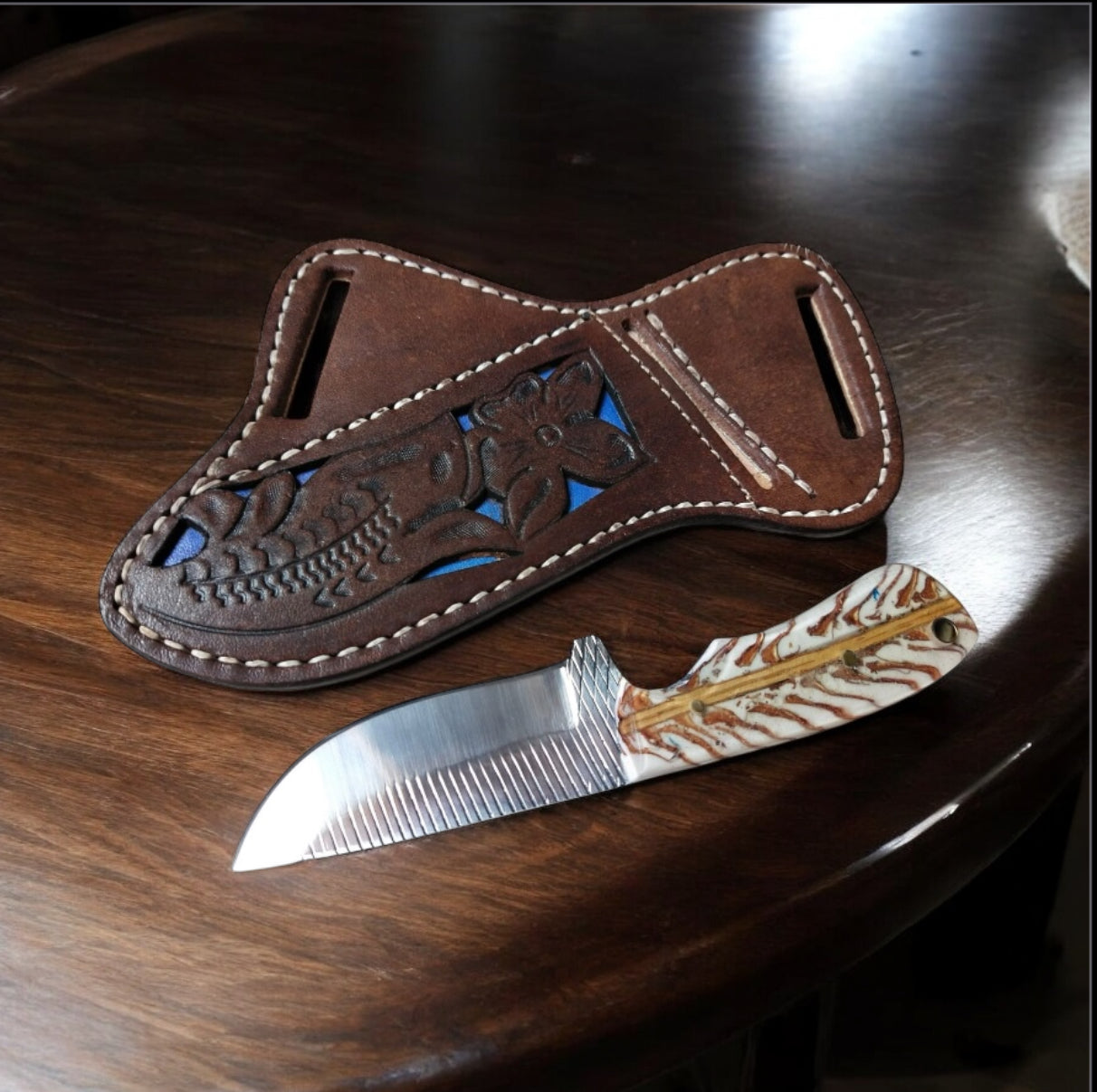 Handmade Cowboy Belt Knife with Western Leather Sheath – Rasp Steel Blade & Pine Cone Handle