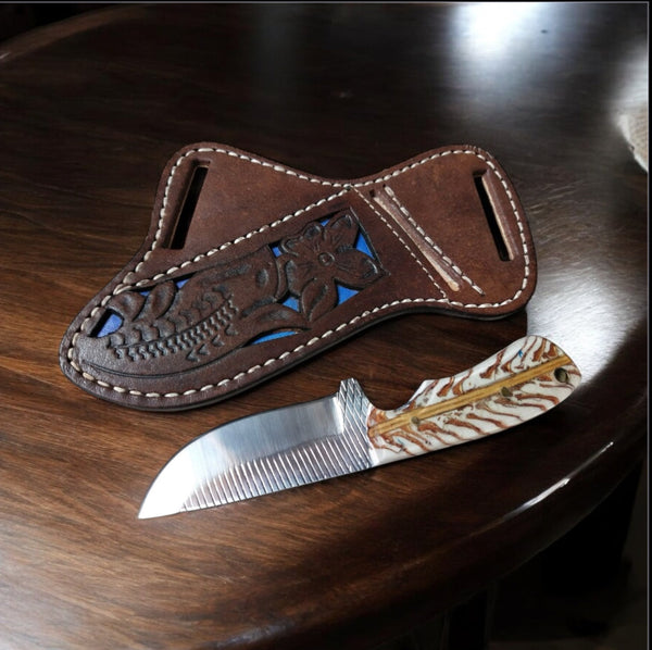 Handmade Cowboy Belt Knife with Western Leather Sheath – Rasp Steel Blade & Pine Cone Handle