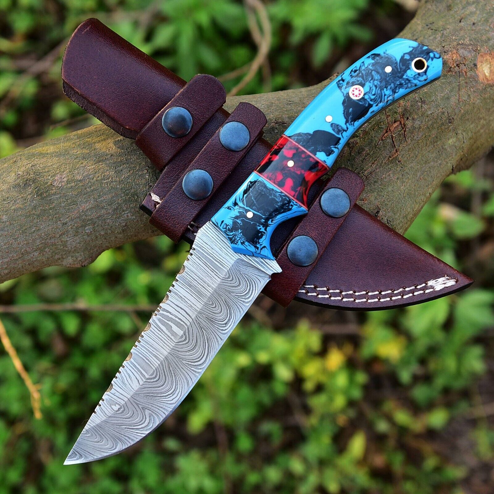 Custom Handmade Damascus Steel Hunting Knife – 10-Inch Blade with Resin Handle, Includes Leather Sheath