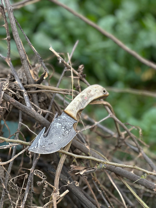 Custom Handmade Damascus Steel Guthook Skinning Knife with Sheep Horn Handle - 7.5” with Leather Sheath