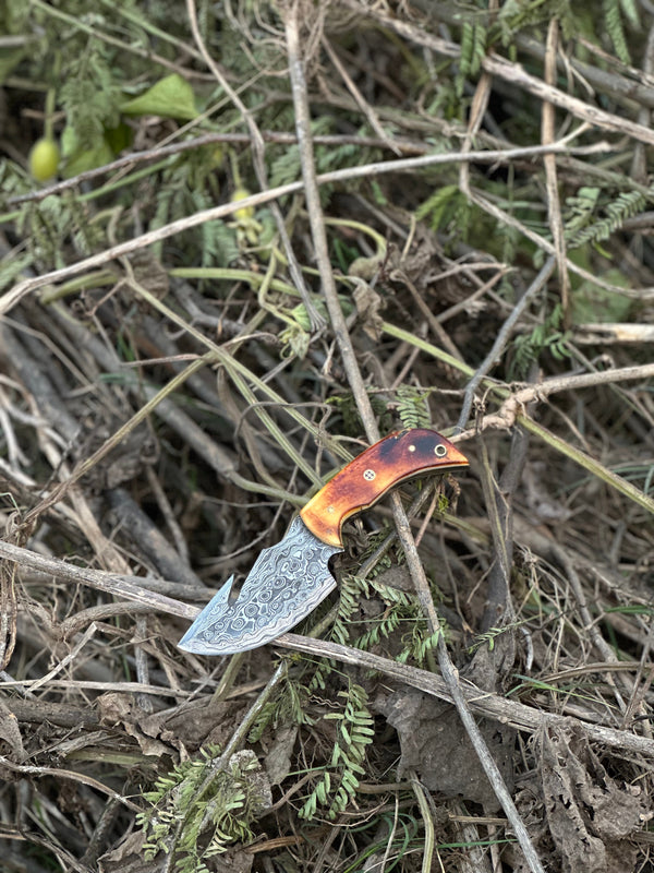 Custom Handmade Damascus Steel Guthook Skinning Knife with Camel Bone Handle - 7.5” Blade with Leather Sheath