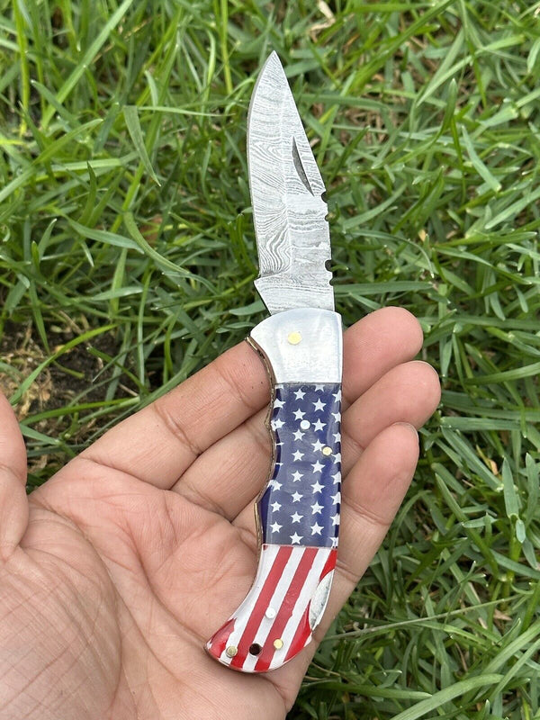 Lone Star 3-Inch Damascus Pocket Knife – Custom Handmade with Bone Handle