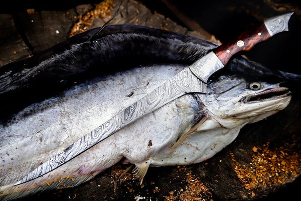 Handmade Damascus Steel Fish Fillet Knife – 13” with Rosewood Handle & Leather Sheath