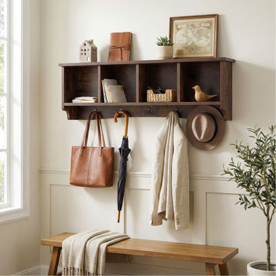 Hanging Entryway Shelf Coat Rack Wall Mounted Storage Cabinets-Brown