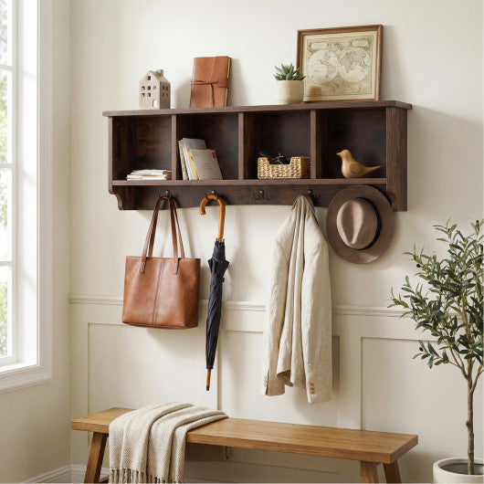 Hanging Entryway Shelf Coat Rack Wall Mounted Storage Cabinets-Brown