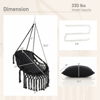 Hanging Hammock Chair with Soft Seat Cushions and Sturdy Rope Chain-Black