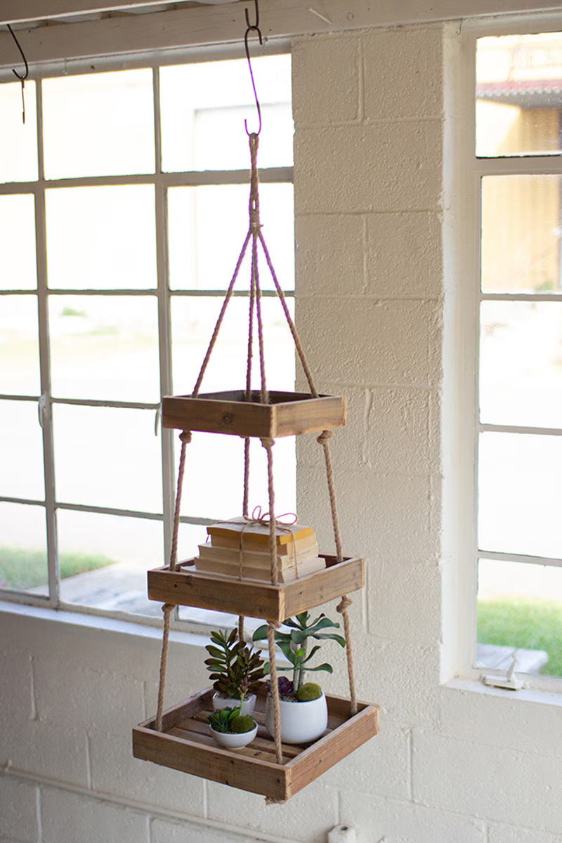 Hanging Three-Tiered Square Recycled Wood Display with Jute Rope