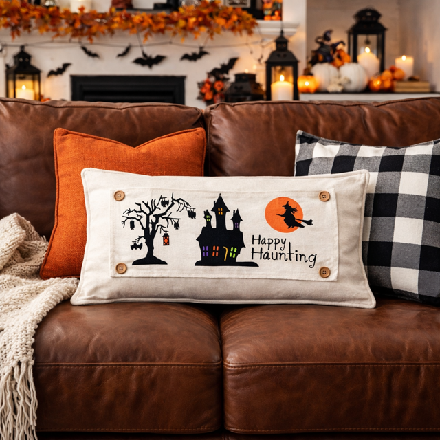 PANEL ONLY: RECTANGLE Halloween October 31st Fall Autumn Bats Flying Witch Dead Tree Mansion; HAPPY HAUNTING HAUNTED HOUSE