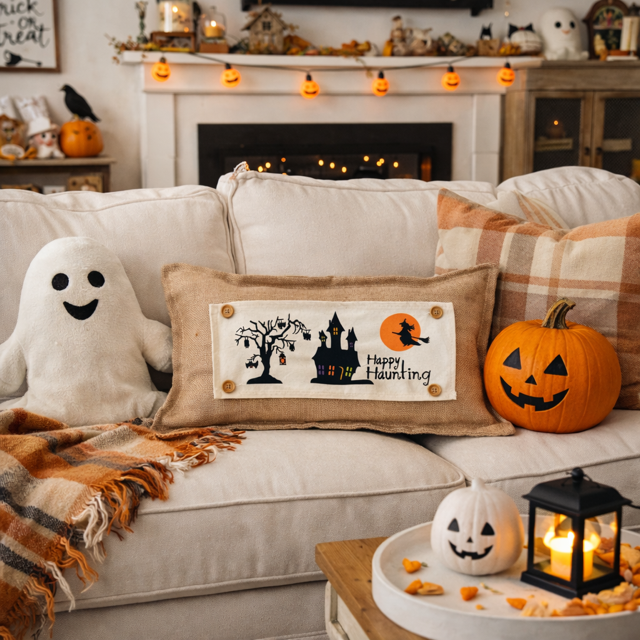 PANEL ONLY: RECTANGLE Halloween October 31st Fall Autumn Bats Flying Witch Dead Tree Mansion; HAPPY HAUNTING HAUNTED HOUSE