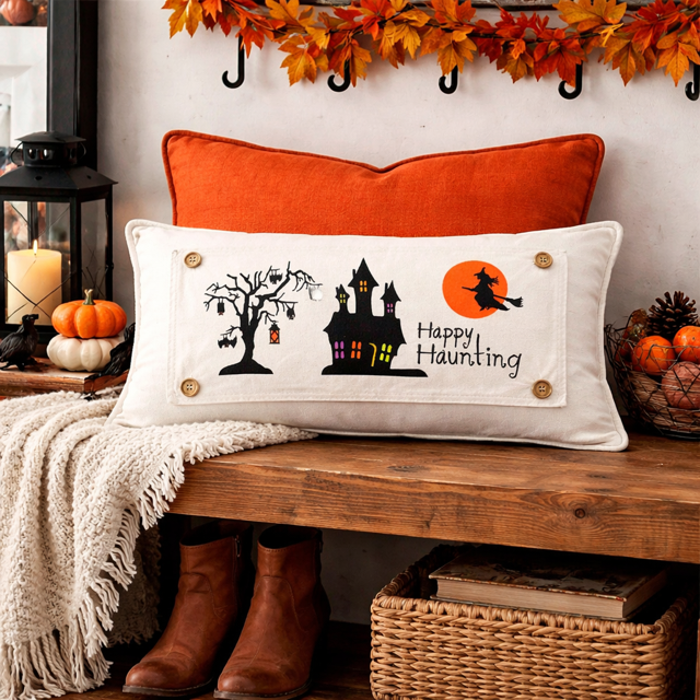 PANEL ONLY: RECTANGLE Halloween October 31st Fall Autumn Bats Flying Witch Dead Tree Mansion; HAPPY HAUNTING HAUNTED HOUSE