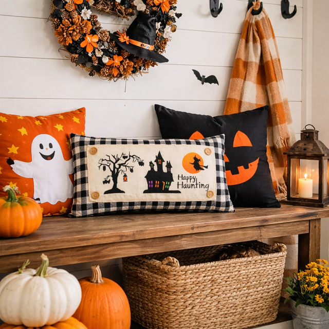 PANEL ONLY: RECTANGLE Halloween October 31st Fall Autumn Bats Flying Witch Dead Tree Mansion; HAPPY HAUNTING HAUNTED HOUSE