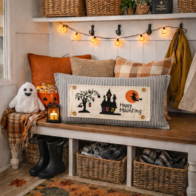 PANEL ONLY: RECTANGLE Halloween October 31st Fall Autumn Bats Flying Witch Dead Tree Mansion; HAPPY HAUNTING HAUNTED HOUSE