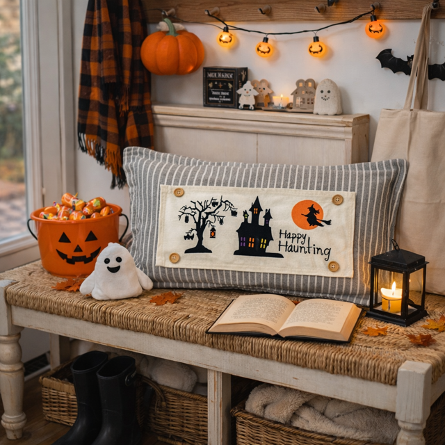 PANEL ONLY: RECTANGLE Halloween October 31st Fall Autumn Bats Flying Witch Dead Tree Mansion; HAPPY HAUNTING HAUNTED HOUSE