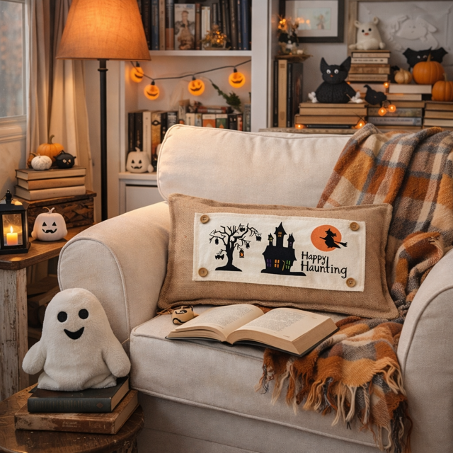 PANEL ONLY: RECTANGLE Halloween October 31st Fall Autumn Bats Flying Witch Dead Tree Mansion; HAPPY HAUNTING HAUNTED HOUSE