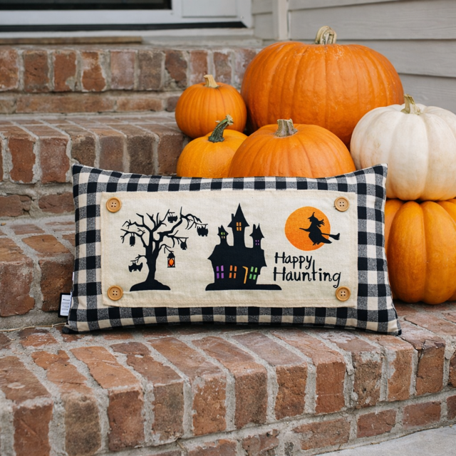PANEL ONLY: RECTANGLE Halloween October 31st Fall Autumn Bats Flying Witch Dead Tree Mansion; HAPPY HAUNTING HAUNTED HOUSE