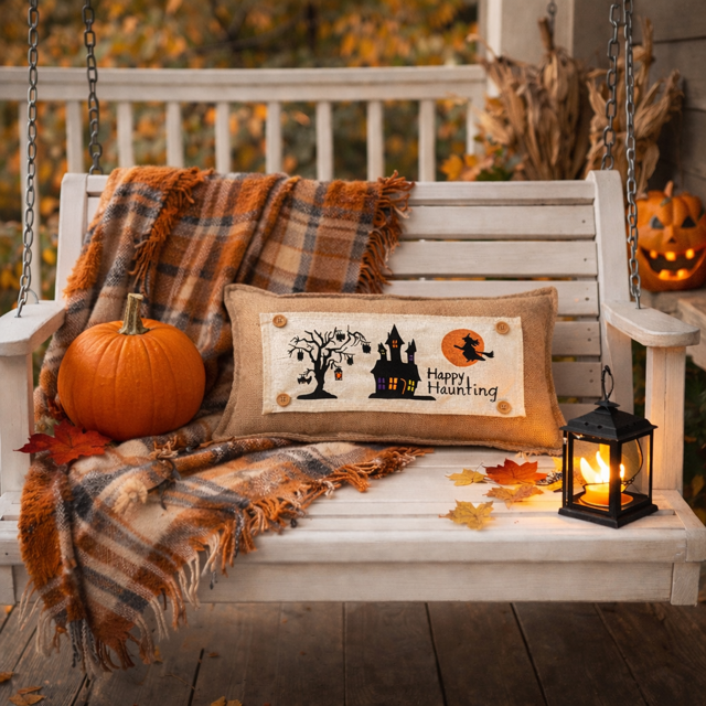 PANEL ONLY: RECTANGLE Halloween October 31st Fall Autumn Bats Flying Witch Dead Tree Mansion; HAPPY HAUNTING HAUNTED HOUSE