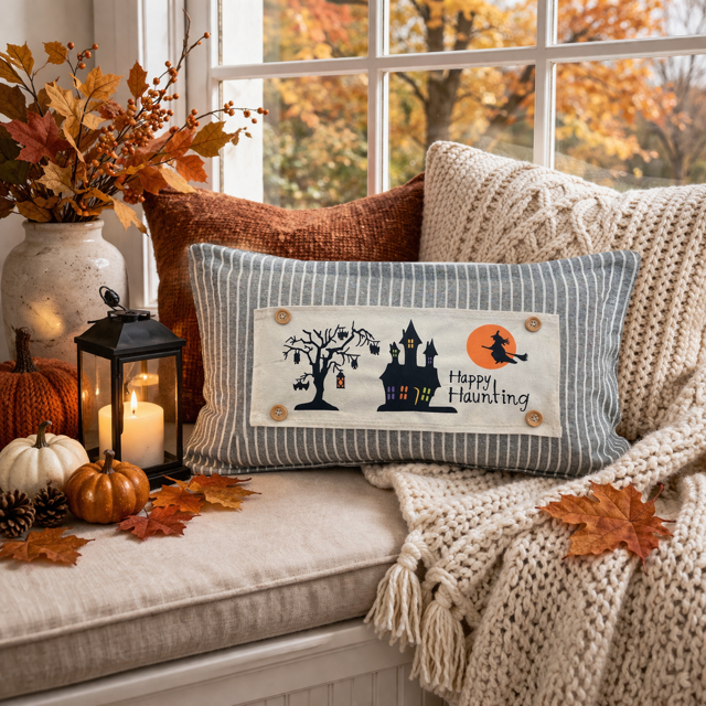 PANEL ONLY: RECTANGLE Halloween October 31st Fall Autumn Bats Flying Witch Dead Tree Mansion; HAPPY HAUNTING HAUNTED HOUSE