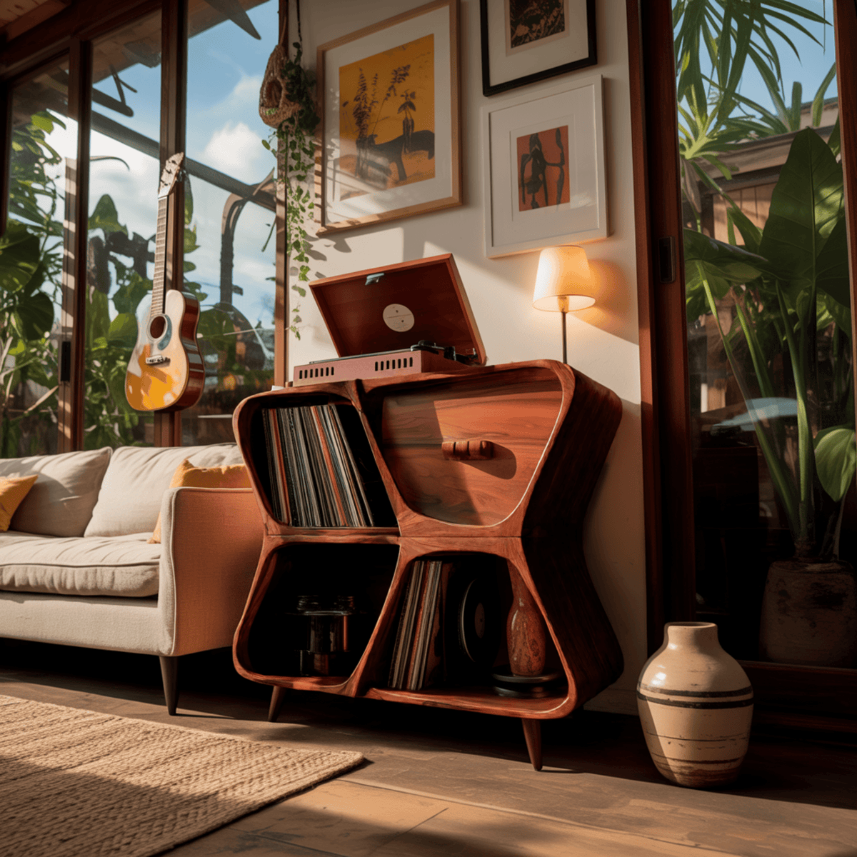Harmona Sculpted Solid Wood Record Player Stand With Storage