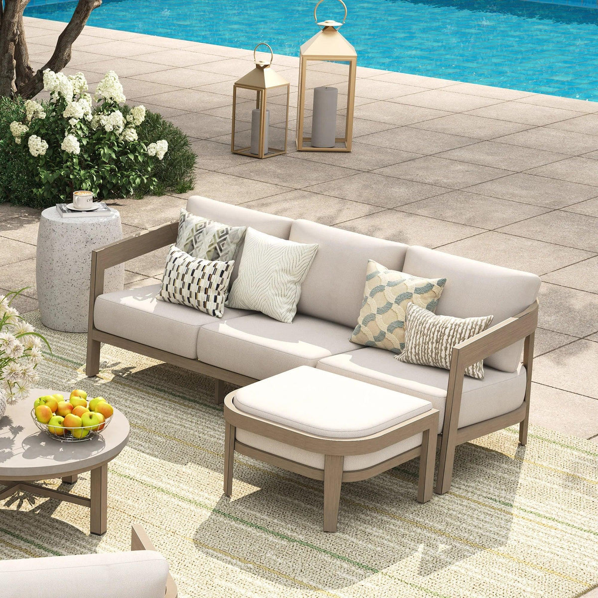 Harmonti 6 Pieces Teak Finish Aluminum Patio Swivel Furniture Set With Ottoman