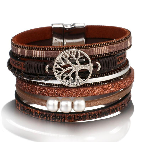 Handmade Luxury Fashion Modern Amazing Charm Pearl Life of tree Leather Bracelets For Women And Man