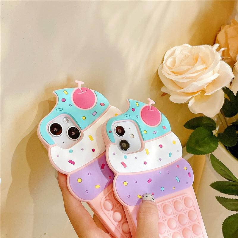 3D Delicious Cherry Ice Cream Silicone Phone Case For iphone 13 12 11 Pro Max Xs Xr 7 8 Plus X Se finger bubble game soft cover 3D Cartoon Cupcake Shape Soft Silicone Full Protection Shockproof Case