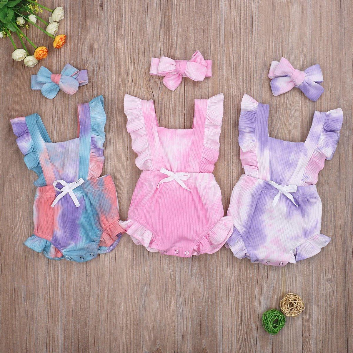 Luxury Modern New Printed Colorful Toddler Girls Rompers With Headband Ruffles Short Sleeve Printed Backless Jumpsuits