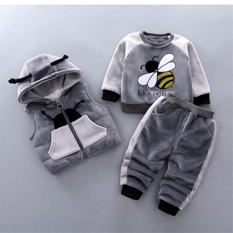 Modern Fashion Cotton Thick Warm Casual Hooded Sweater Cartoon Cute Bear Three-piece Suit For Baby Boy & Girl