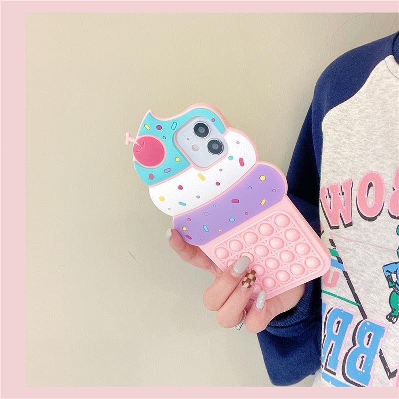3D Delicious Cherry Ice Cream Silicone Phone Case For iphone 13 12 11 Pro Max Xs Xr 7 8 Plus X Se finger bubble game soft cover 3D Cartoon Cupcake Shape Soft Silicone Full Protection Shockproof Case