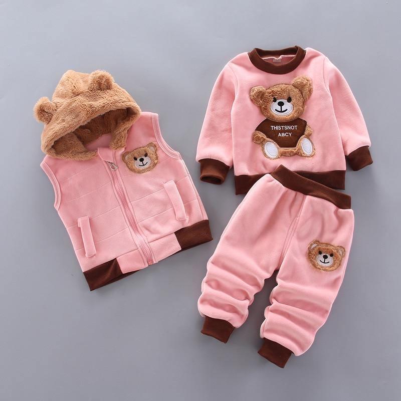 Modern Fashion Cotton Thick Warm Casual Hooded Sweater Cartoon Cute Bear Three-piece Suit For Baby Boy & Girl