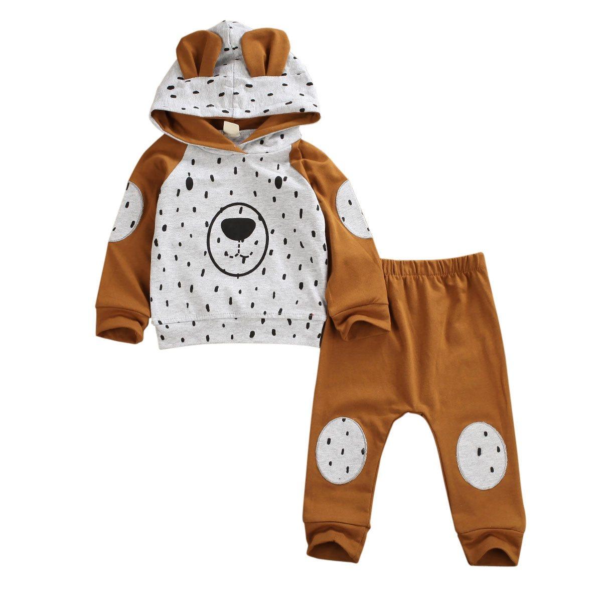 Newborn Boy Long Sleeve Bear Infant Hoodie Pant Tracksuit Set Pajamas For Kids In Bear Deisgn