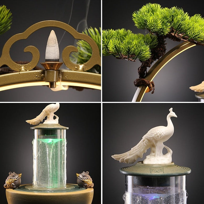 Lucky Pheasant Round LED Backflow Incense Burner With Flowing Water Fortune Fountain