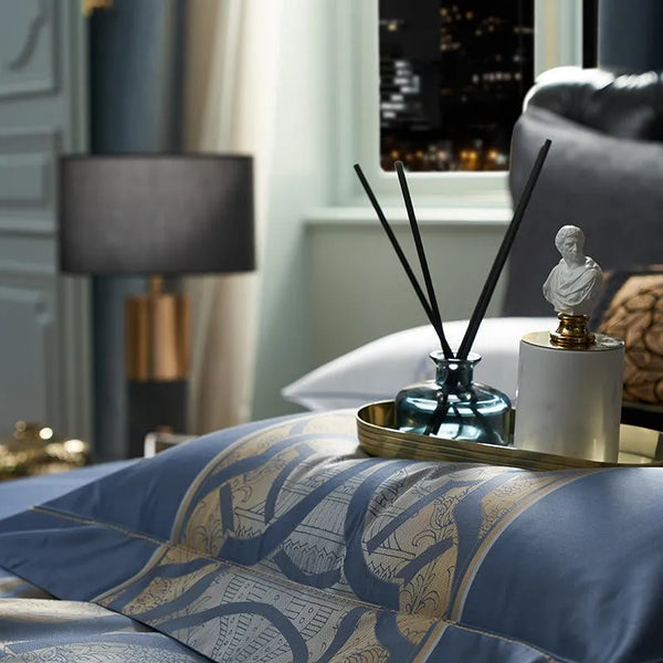 Blue Gradient Geometry Modern Abstract Art Luxury Duvet Cover set Premium High End 1200TC Cotton Soft 4Pcs Bedding set Bed Sheet