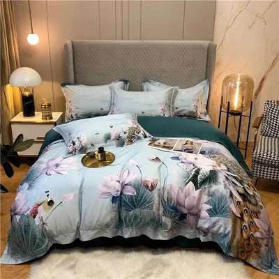 Vintage Chic Green Pink Peacock Lotus Leaves Duvet Cover 1000TC Egyptian Cotton Vibrant 4Pcs Bedding Set 1Bed Sheet 2Pillowcases