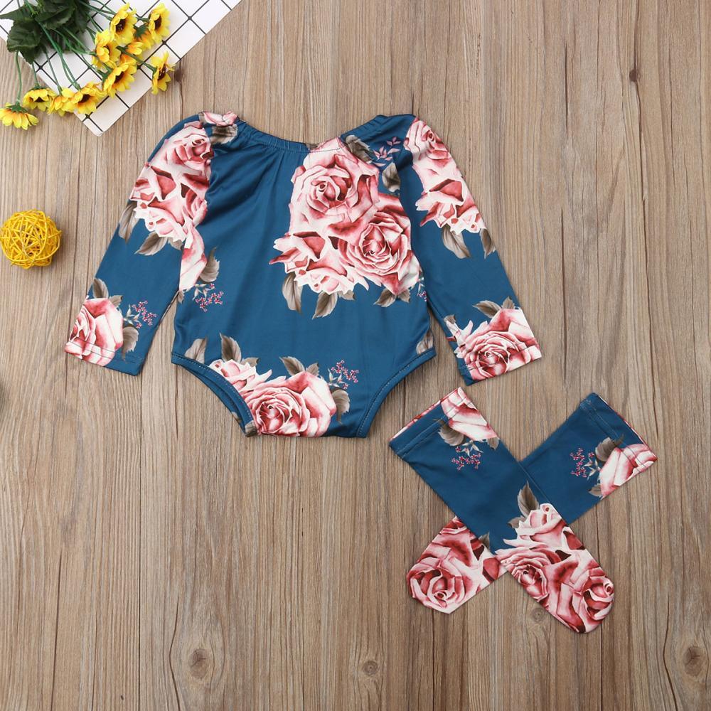 Newborn Baby Girls Floral Clothes Spring Autumn Long Sleeve Romper Warm Leg Socks Outfits Romer and Jumpsuit For Kids With Socks in Floral Design