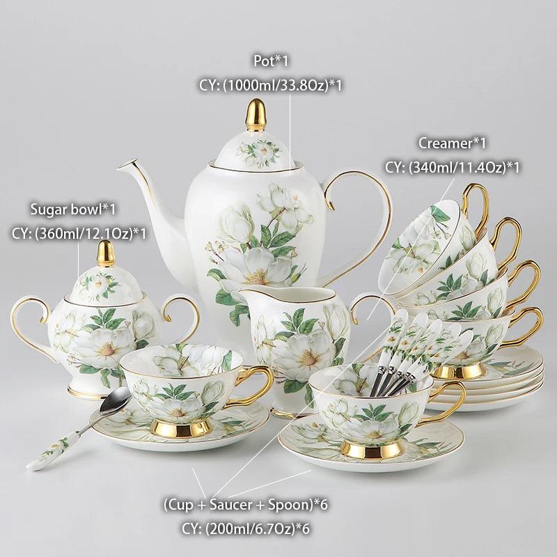 Camellia Bone China Coffee Set British Porcelain Tea Set Ceramic Pot Creamer Sugar Bowl Teatime Teapot Coffee Cup Mug Coffeeware