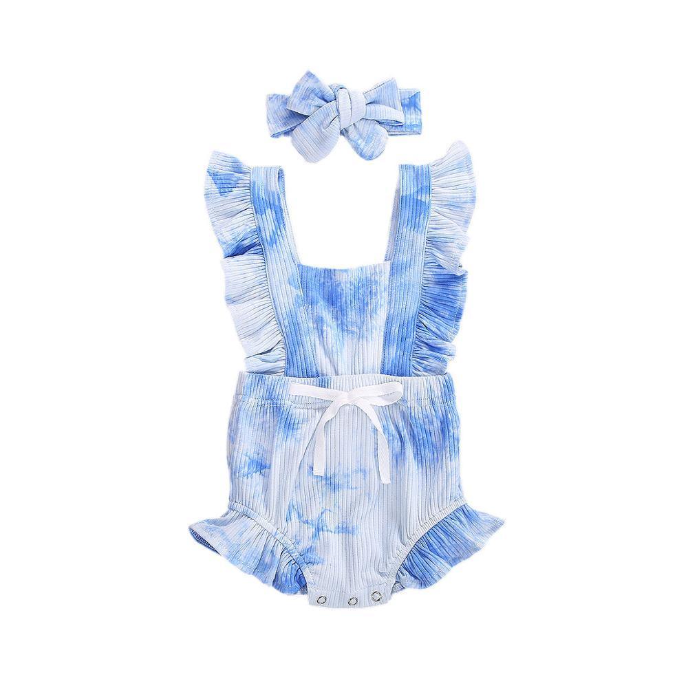 Luxury Modern New Printed Colorful Toddler Girls Rompers With Headband Ruffles Short Sleeve Printed Backless Jumpsuits