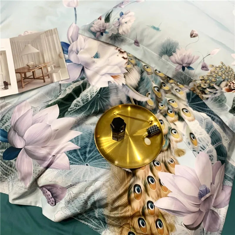 Vintage Chic Green Pink Peacock Lotus Leaves Duvet Cover 1000TC Egyptian Cotton Vibrant 4Pcs Bedding Set 1Bed Sheet 2Pillowcases