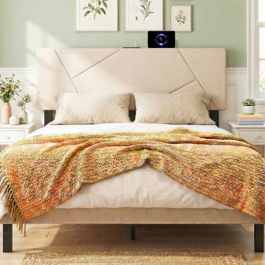 Headboard for Full Size Bed and Queen Geometric Upholstered Head Board-Beige