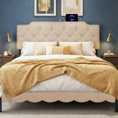 Headboard for Queen and Full Size Bed Rivet Tufted Upholstered Head Board-Beige